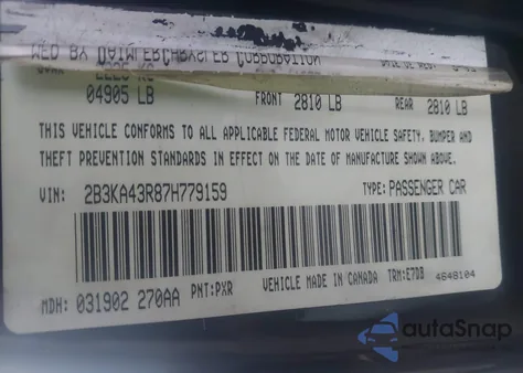 2007 Dodge Charger z USA, uszkodzony, nr VIN 2B3KA43R87H779159